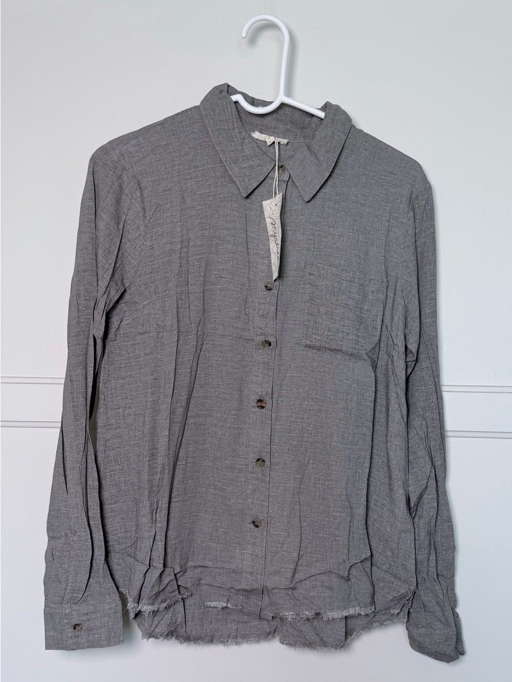 Mystree Smokey Grey Button-Front Linen Blend Blouse (D0003) - Picture 2 of 6